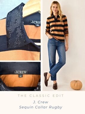 J.Crew Sequin Collar Rugby Shirt Small Rust Black Striped Cotton Top